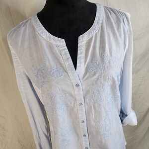 RXB Size Large Embroidered Light Blue‎ Knit Top Roll Tab Slv Pleated Back Tunic
